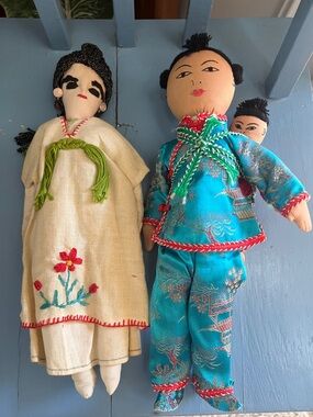 Handcrafted Fabric Doll set Oaxaca Mexico & Chinese folk art collectible w baby